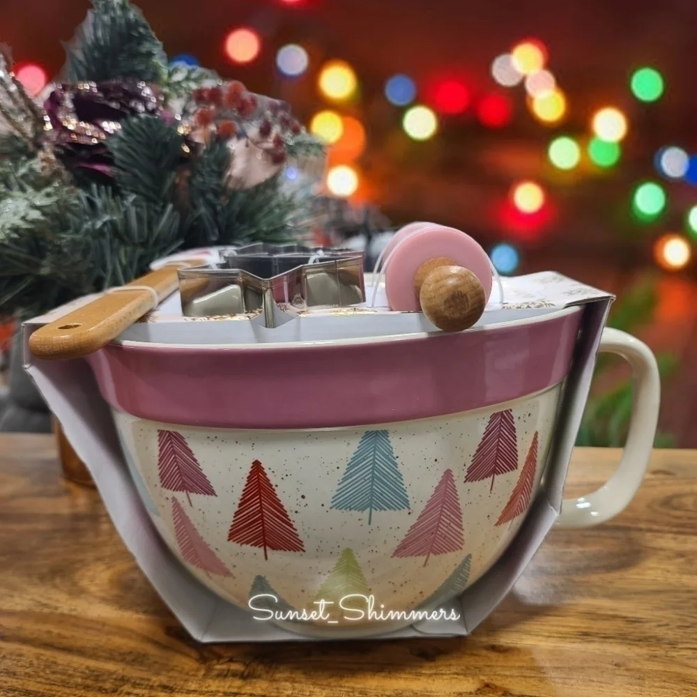 5pc Pastel Christmas Tree Handle Mixing Bowl Spatula Cookie cutters Rolling Pin